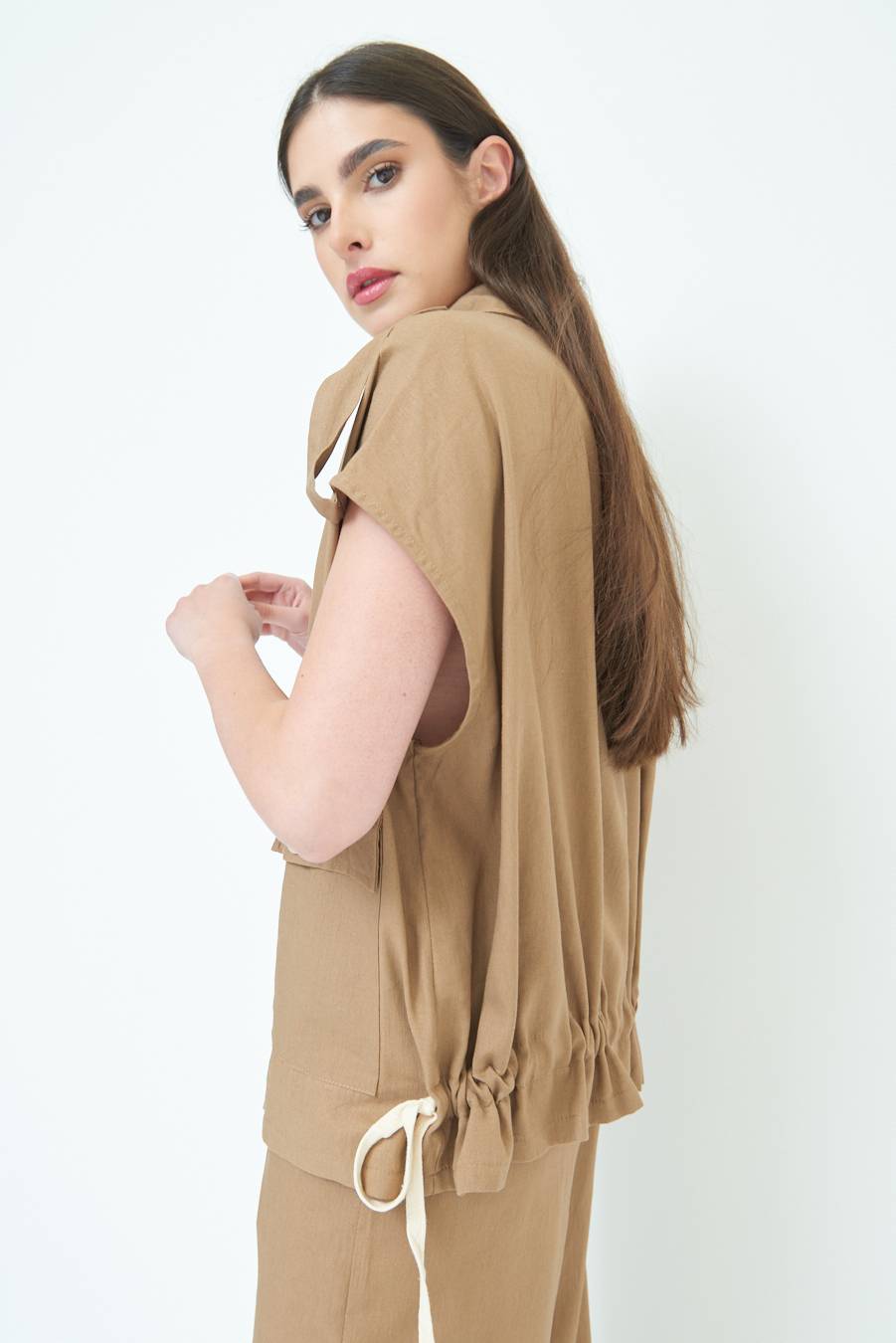Kikisix GIACCA CAMICIA CON TASCHE VISCOSA LINO TABACCO Offerta Giorno del Papà