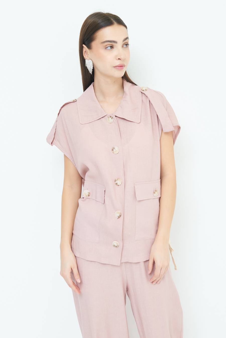 Kikisix GIACCA CAMICIA CON TASCHE VISCOSA LINO ROSA Offerta San Valentino