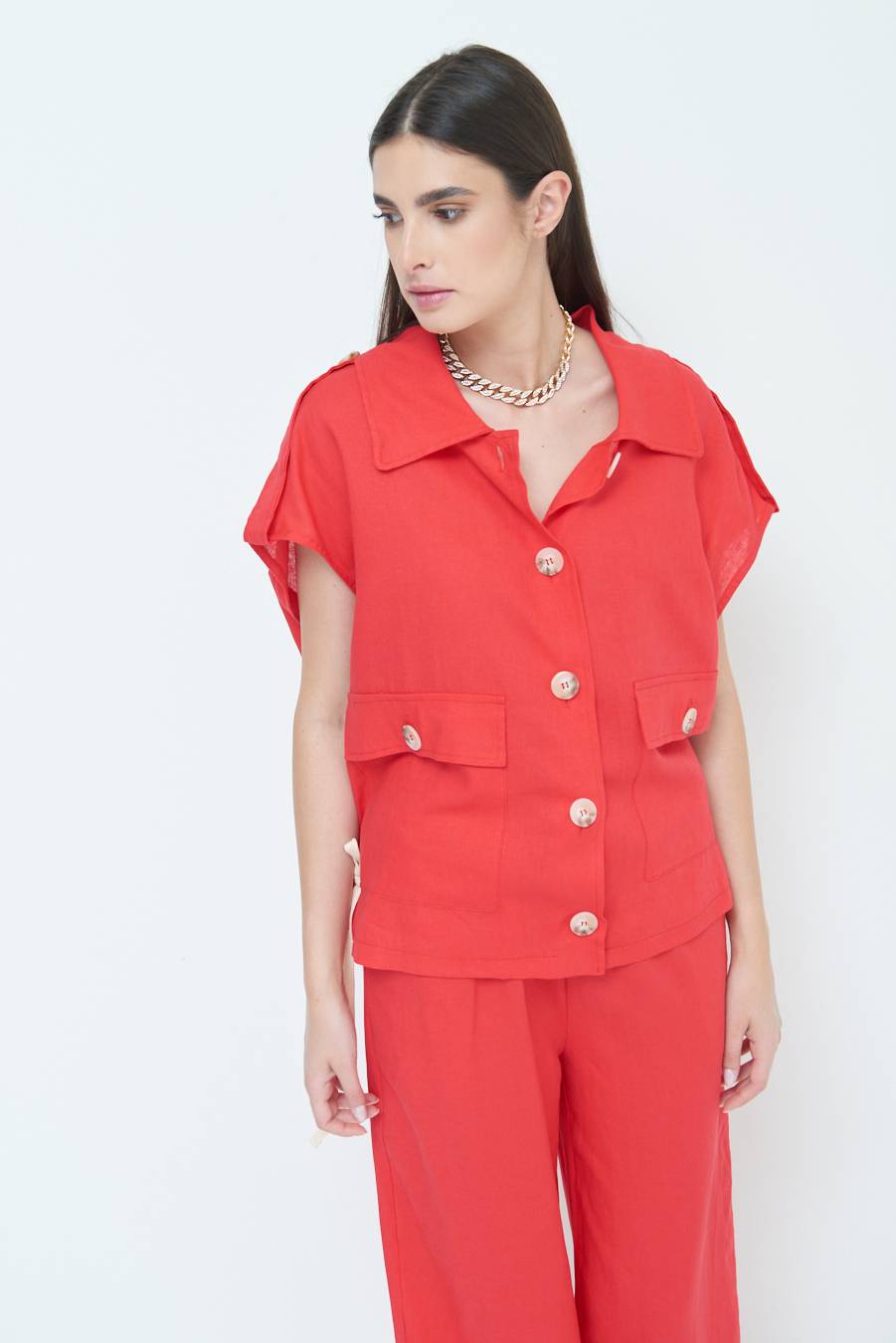 Kikisix GIACCA CAMICIA CON TASCHE VISCOSA LINO ROSSO Offerta Anniversario