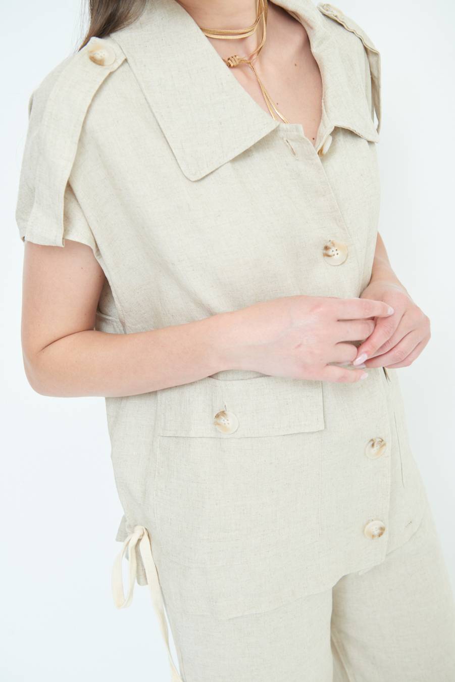 Kikisix GIACCA CAMICIA CON TASCHE VISCOSA LINO NATURALE Smaltimento dello stoccaggio