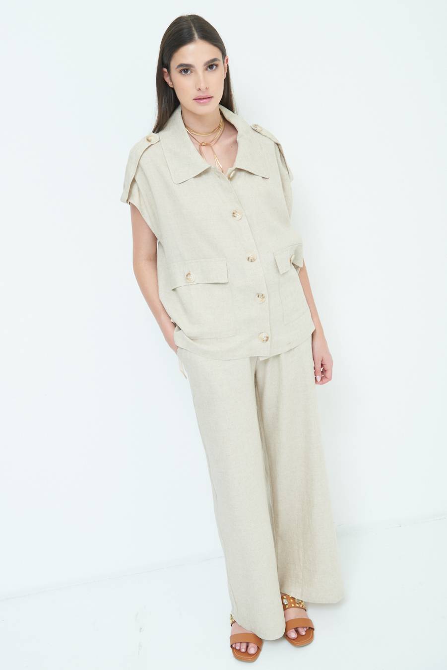 Kikisix GIACCA CAMICIA CON TASCHE VISCOSA LINO NATURALE Smaltimento dello stoccaggio