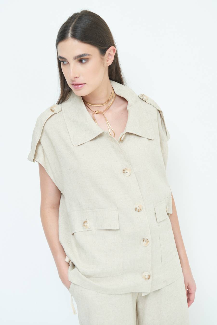 Kikisix GIACCA CAMICIA CON TASCHE VISCOSA LINO NATURALE Smaltimento dello stoccaggio