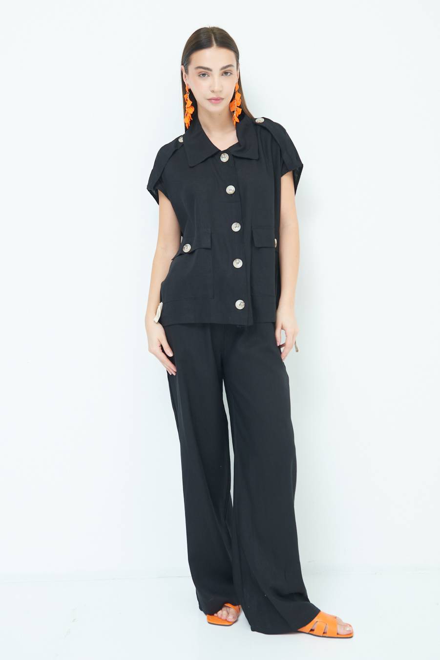 Kikisix GIACCA CAMICIA CON TASCHE VISCOSA LINO NERO Vendita calda