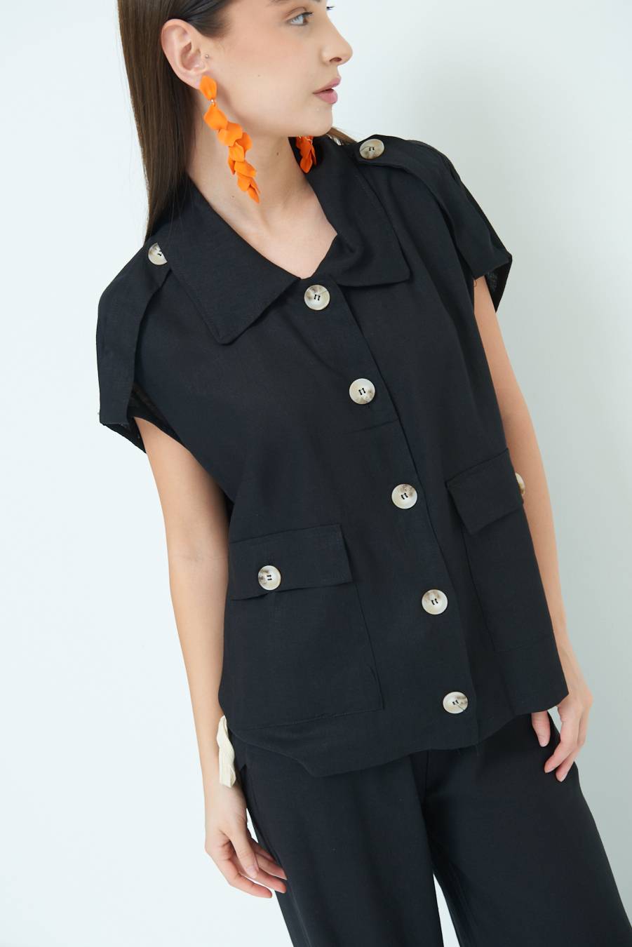 Kikisix GIACCA CAMICIA CON TASCHE VISCOSA LINO NERO Vendita calda