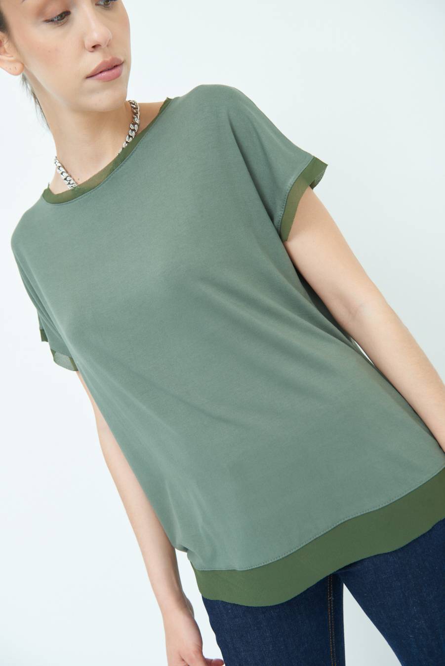 Kikisix MAGLIA PROFILO GEORGETTE VERDE MILITARE Offerte esclusive