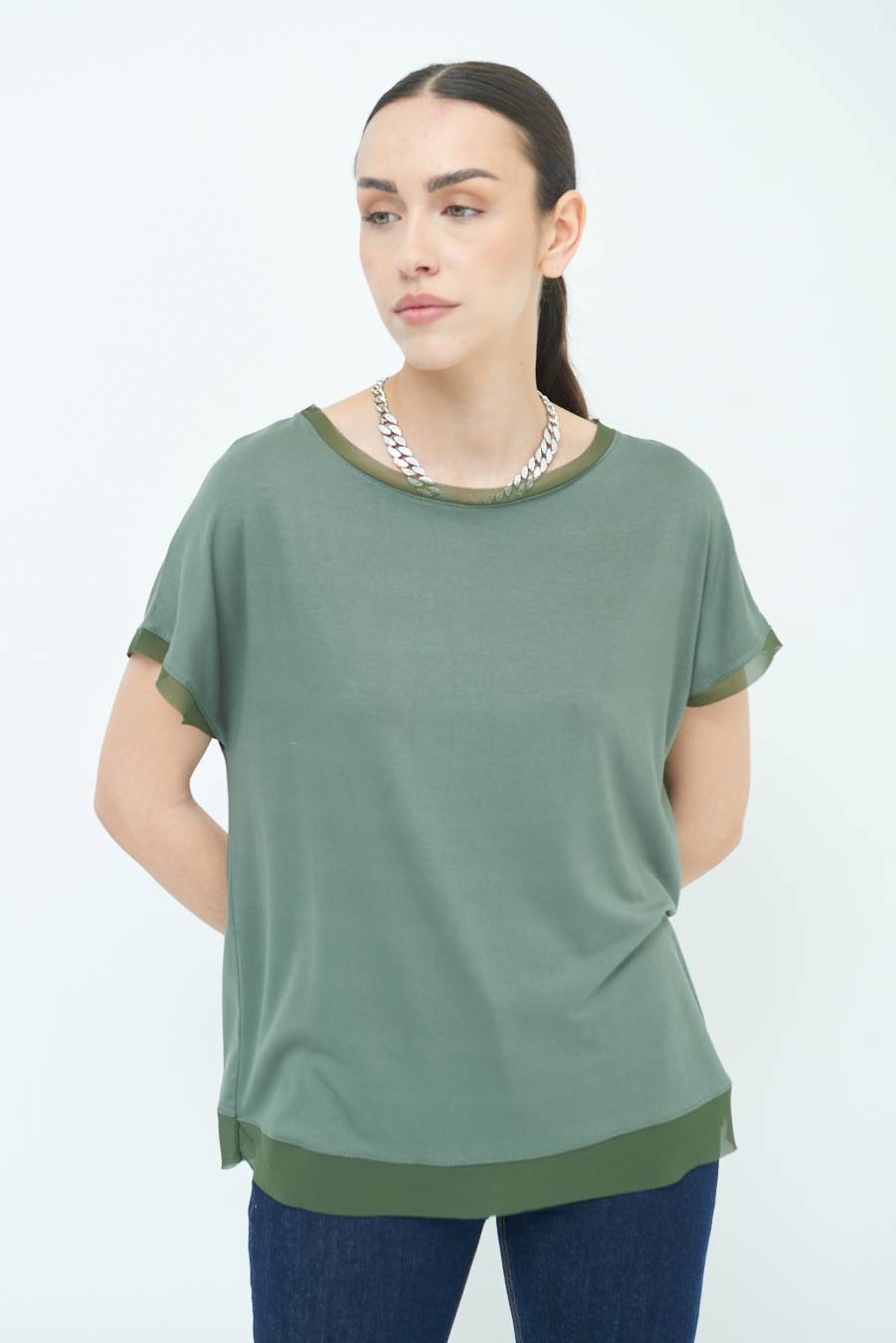 Kikisix MAGLIA PROFILO GEORGETTE VERDE MILITARE Offerte esclusive