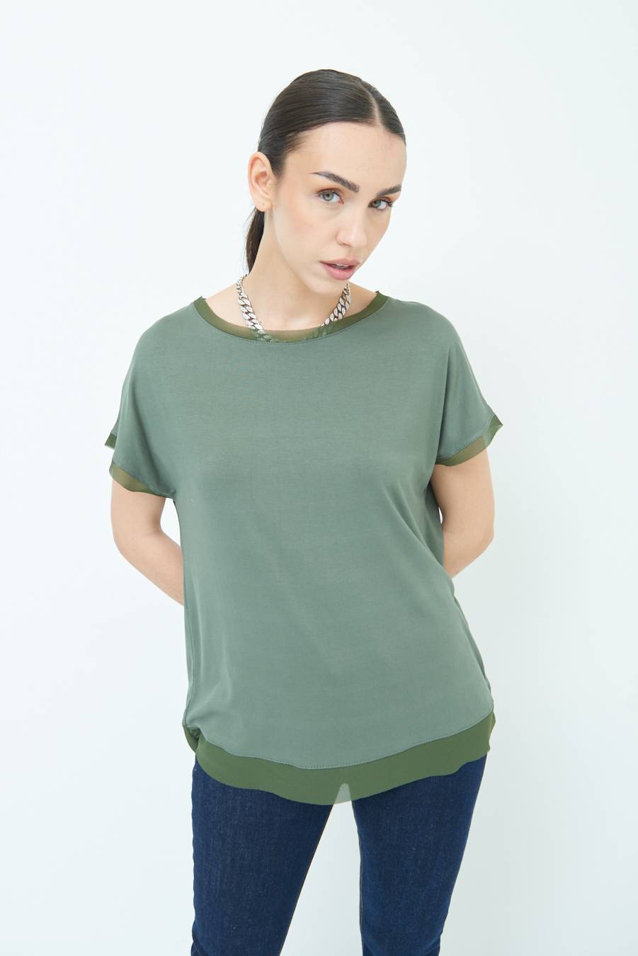 Kikisix MAGLIA PROFILO GEORGETTE VERDE MILITARE Offerte esclusive