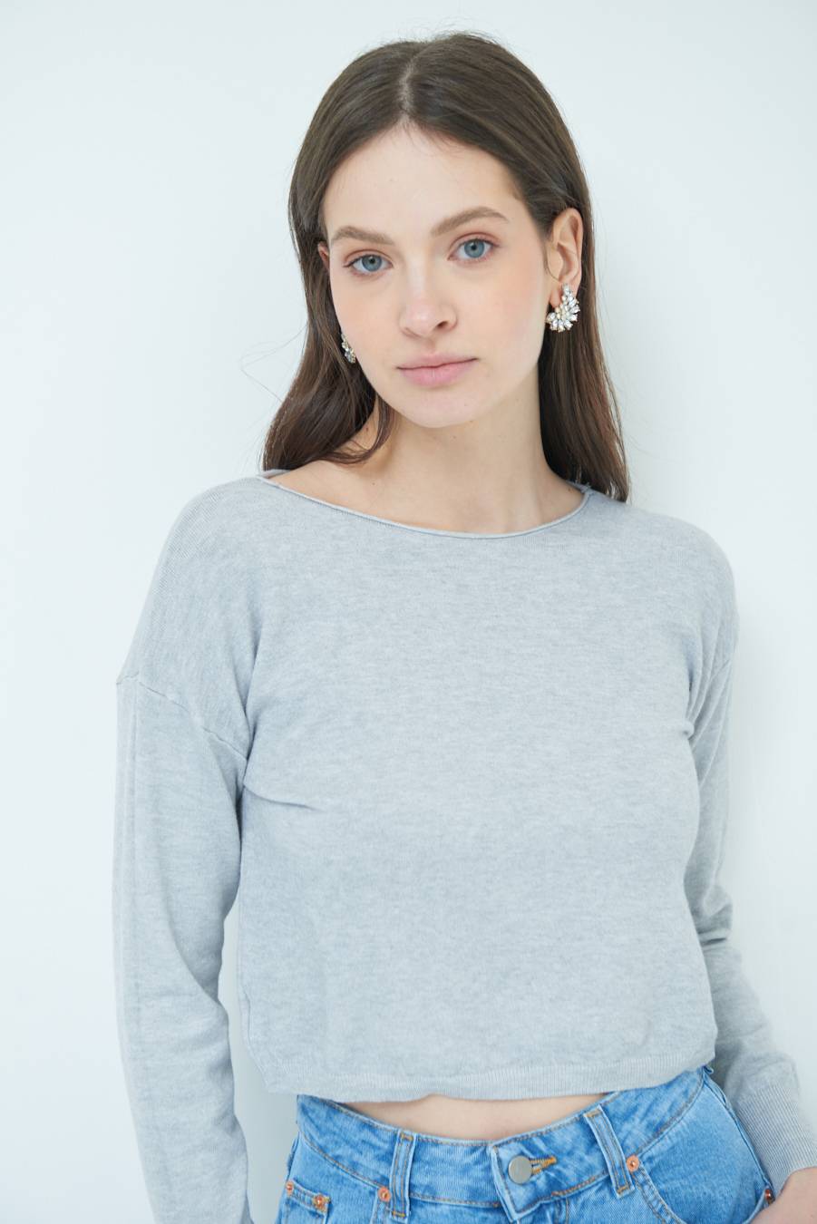 Kikisix MAGLIA SCATOLINA SCOLLO A BARCA GRIGIO Ritorno libero