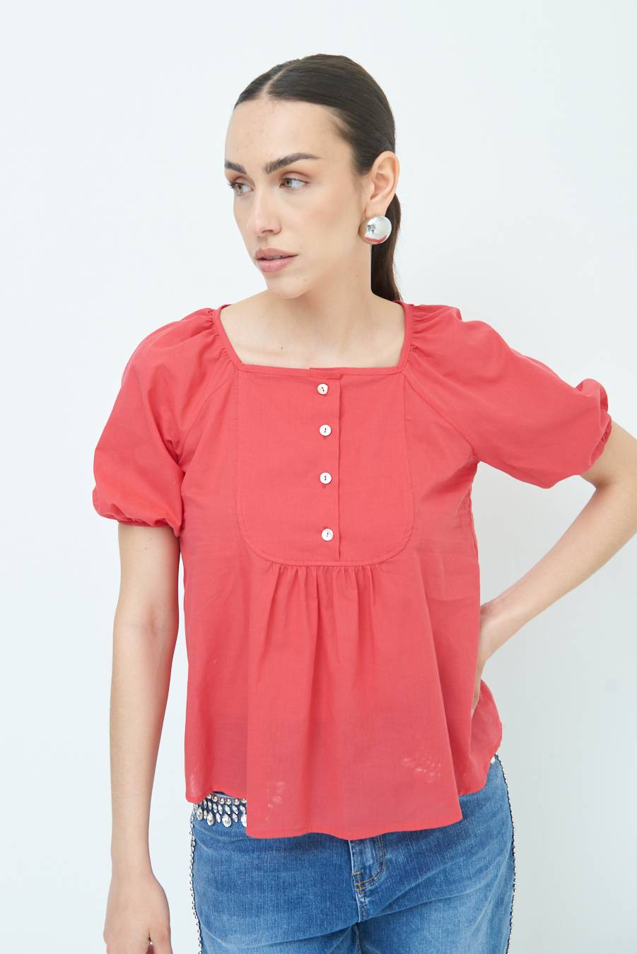 Kikisix CAMICIA CON BOTTONCINI DAV. COTONE ROSSO Black Friday Prezzi