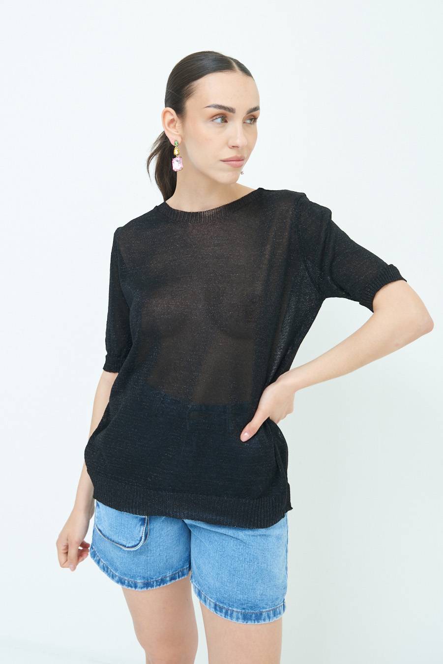 Kikisix MAGLIA LUREX PARICOLLO NERO Vendite stagionali