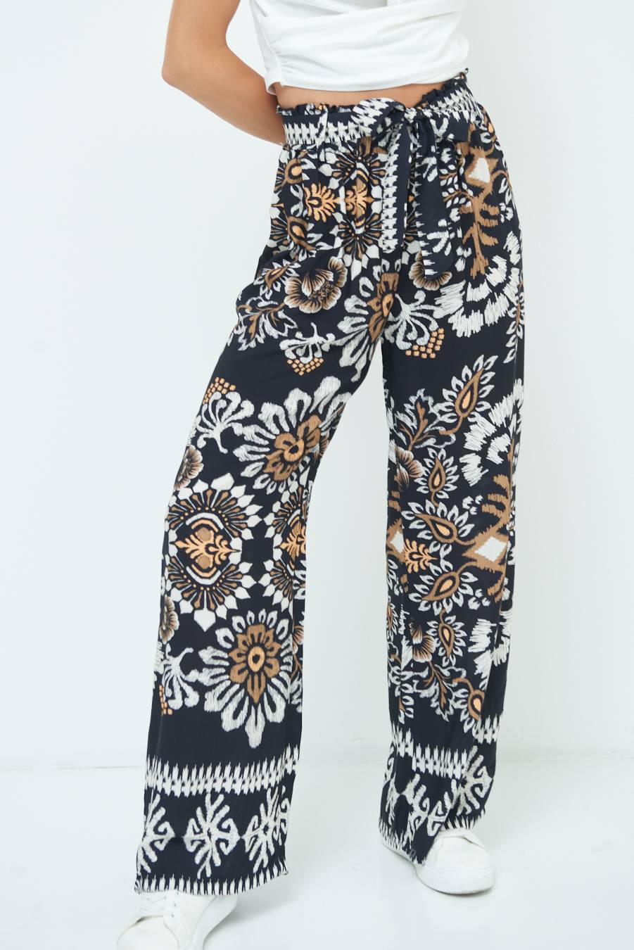 Kikisix PANTA PALAZZO CON CINTURA STAMPA BALZA NERO Offerta San Valentino