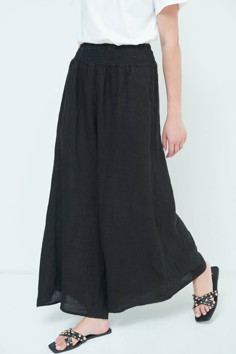 Kikisix PANTA PALAZZO LINO CON ELASTICI NERO Liquidazione