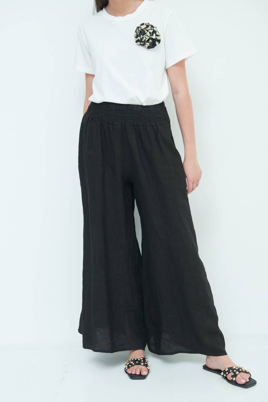 Kikisix PANTA PALAZZO LINO CON ELASTICI NERO Liquidazione