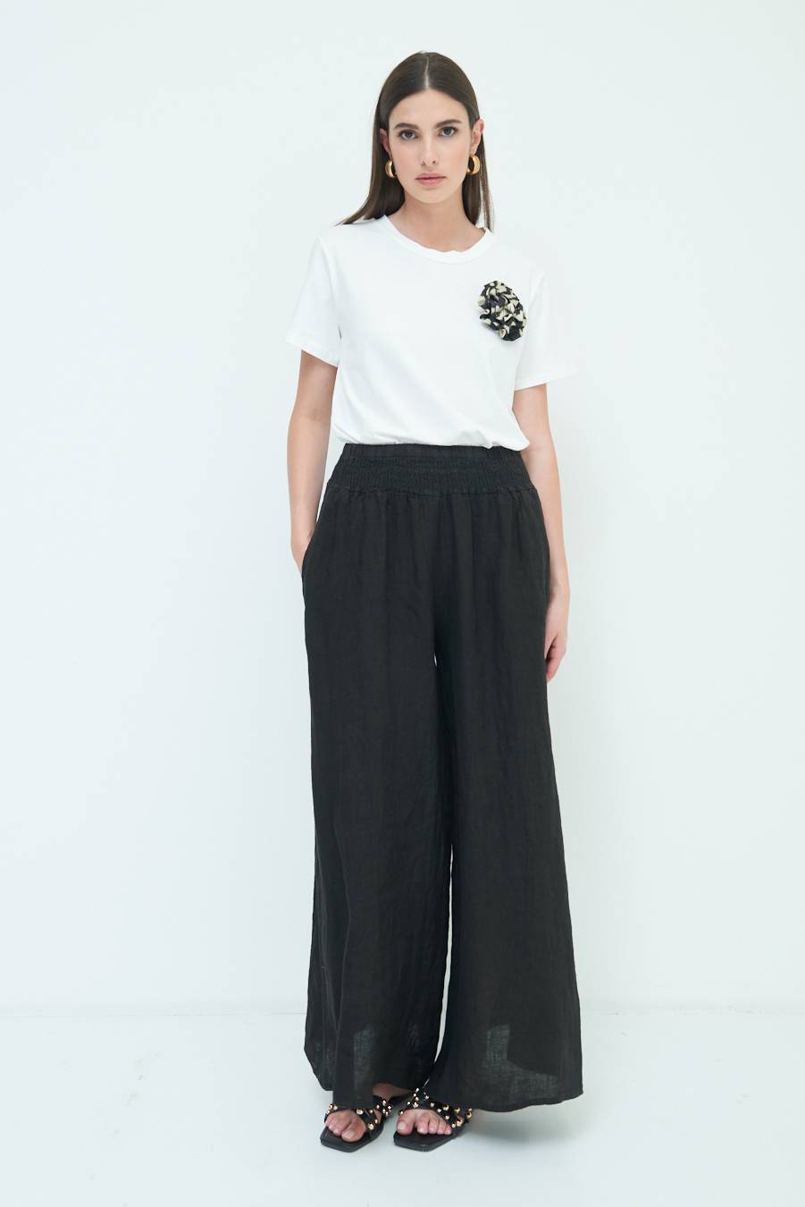 Kikisix PANTA PALAZZO LINO CON ELASTICI NERO Liquidazione