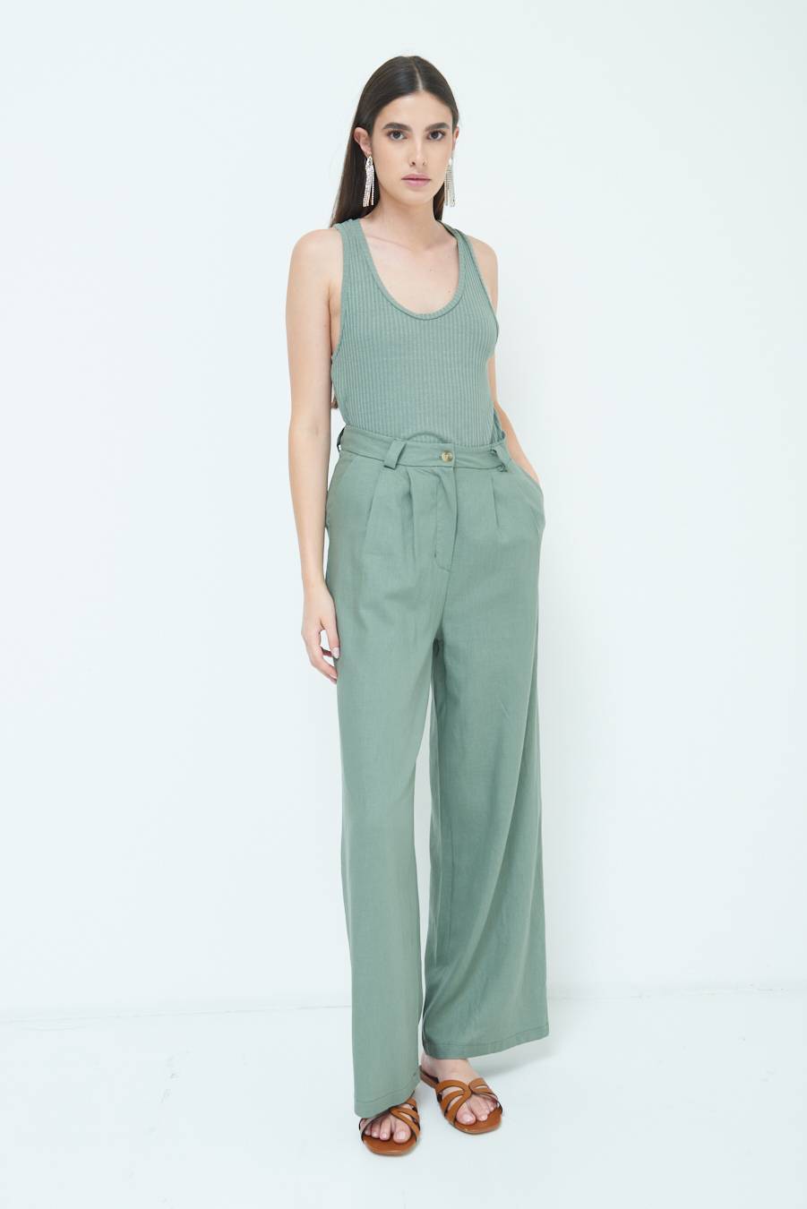 Kikisix PANTA PALAZZO CON PINCE VERDE MILITARE Super Saving Price