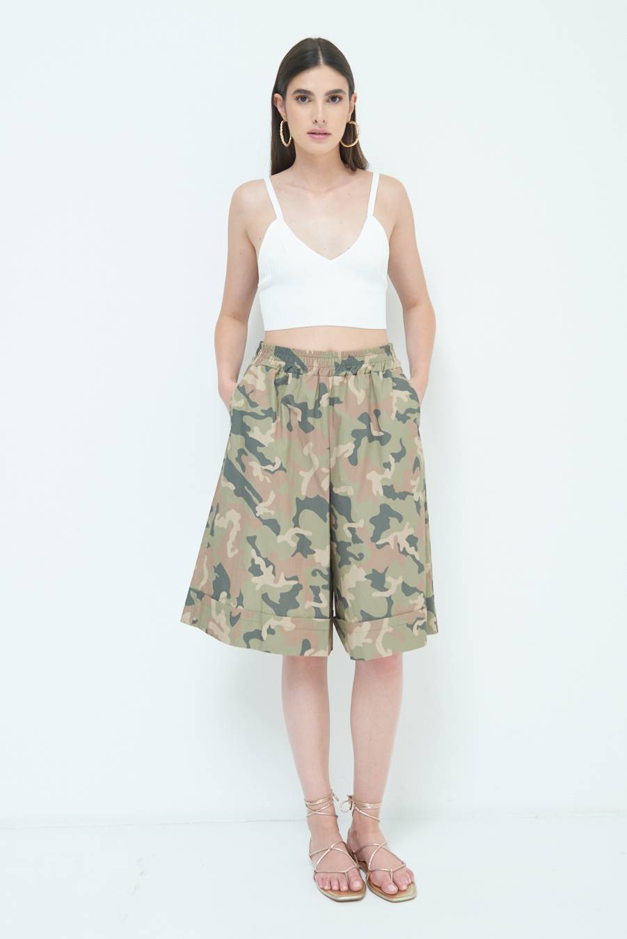 Kikisix BERMUDA CON BALZA CAMOUFLAGE VERDE MILITARE Enormi sconti