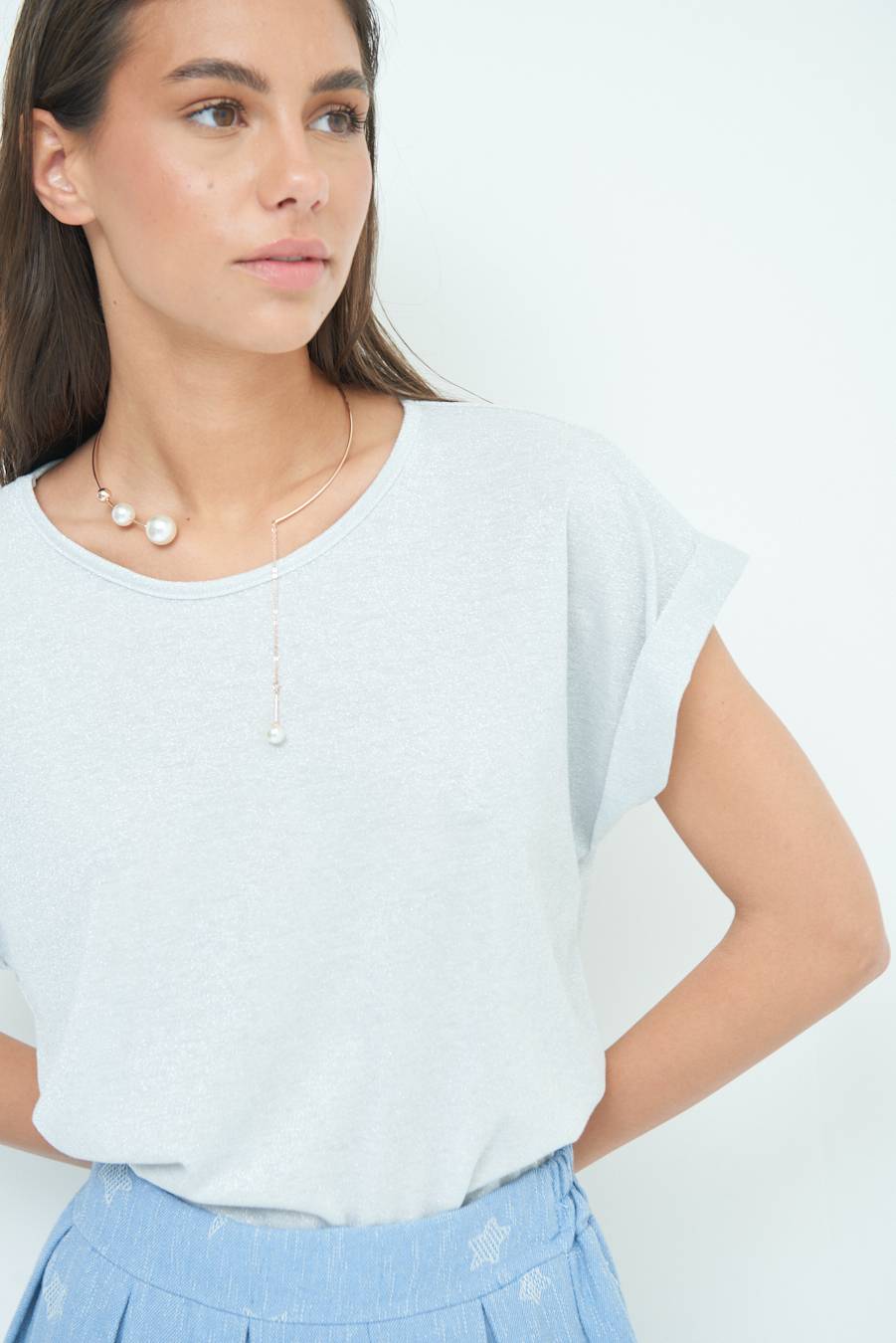 Kikisix T-SHIRT OVER CON RISVOLTO LUREX ARGENTO In Linea