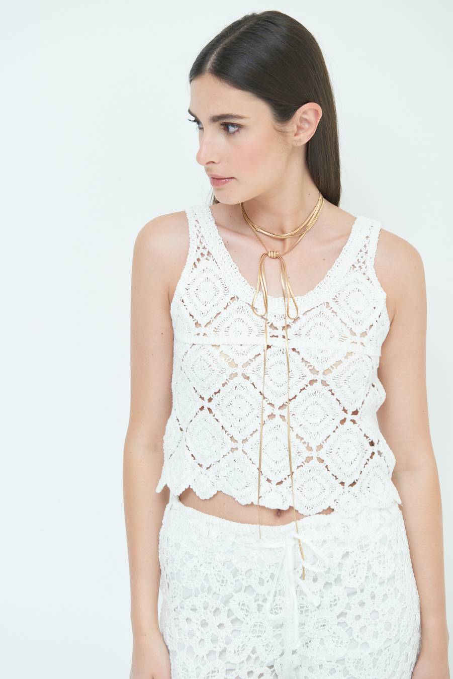 Kikisix TOP CROP MACRAME ROMBI BIANCO Vendita Calda