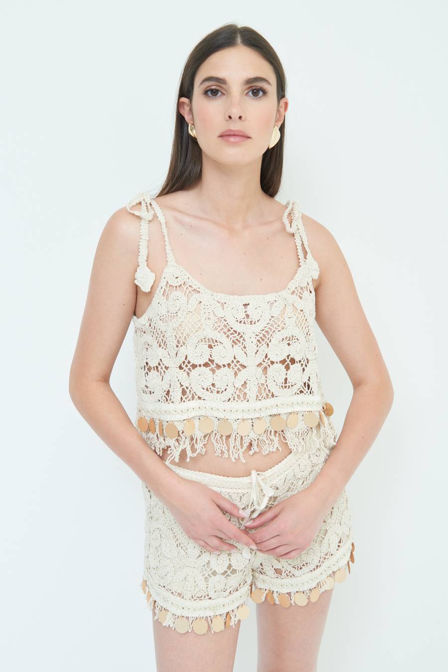 Kikisix TOP CROP CON MACRO PAILLETTES FONDO BEIGE Vendita Economica