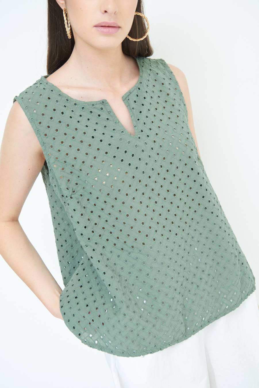 Kikisix TOP SMANICATO SANGALLO VERDE MILITARE Vendite Flash