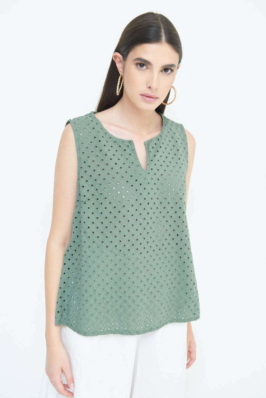 Kikisix TOP SMANICATO SANGALLO VERDE MILITARE Vendite Flash