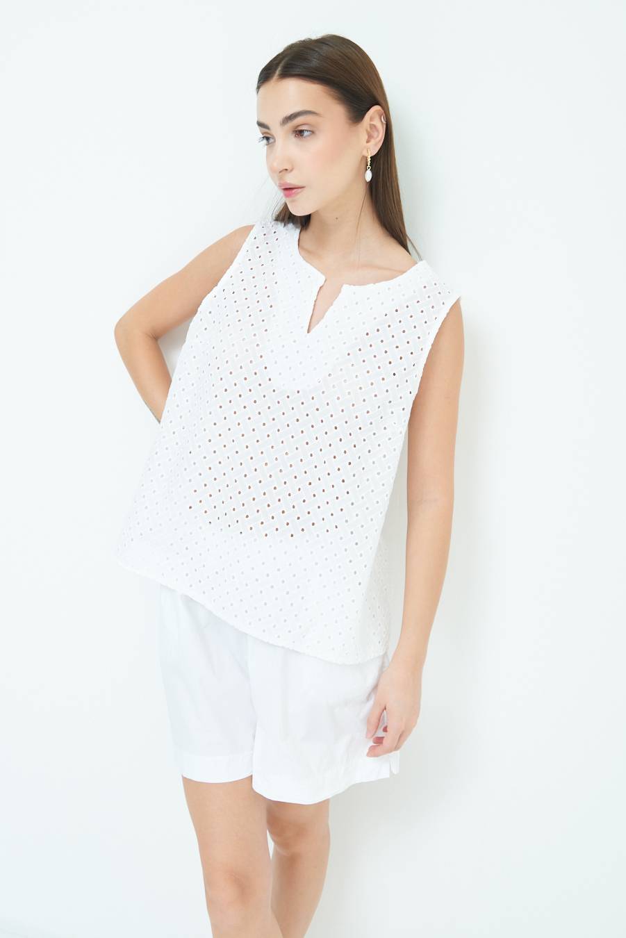 Kikisix TOP SMANICATO SANGALLO BIANCO Moda