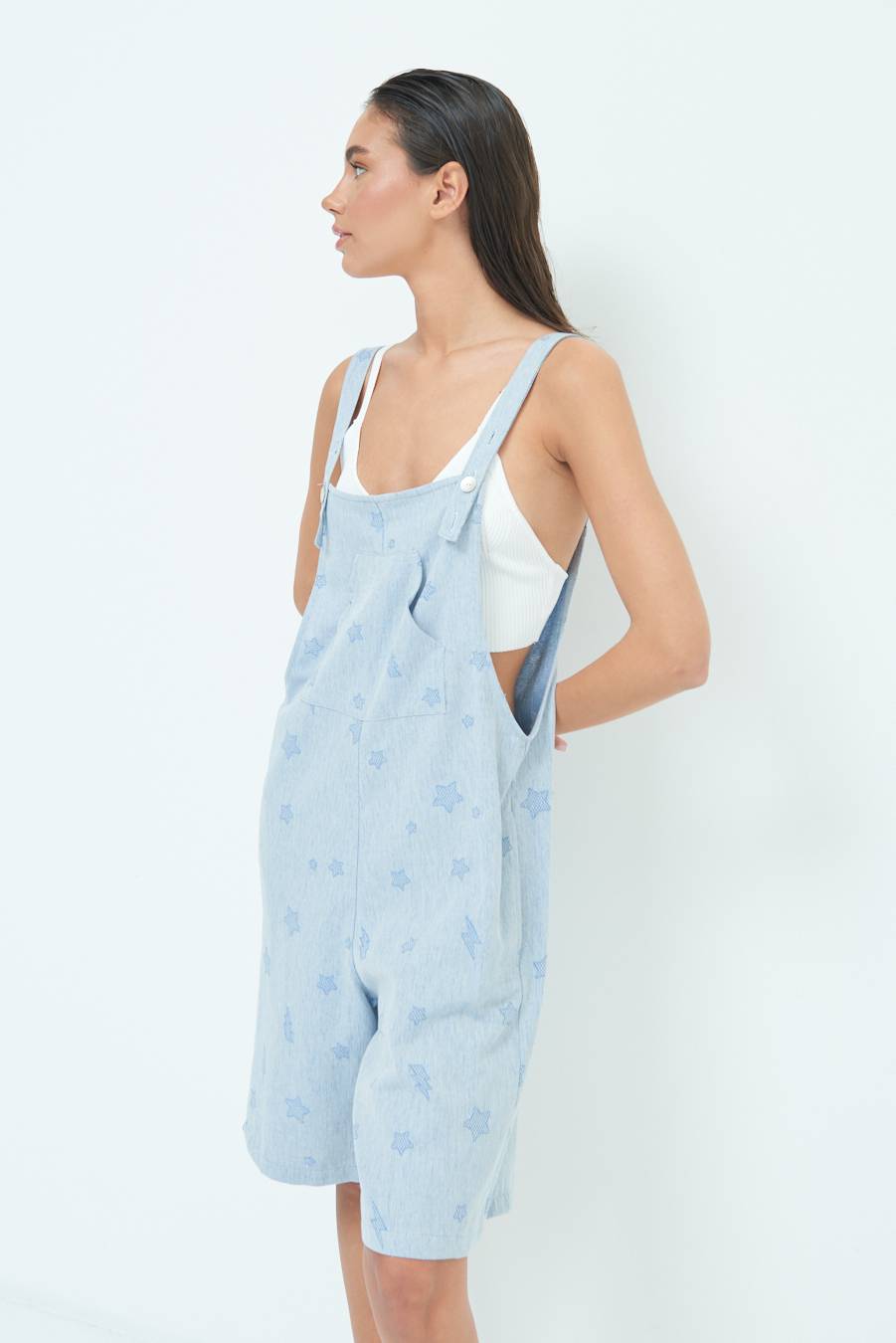 Kikisix SALOPETTE BERMUDA CON STELLE E FULMINI BLU CHIARO Cyber Monday
