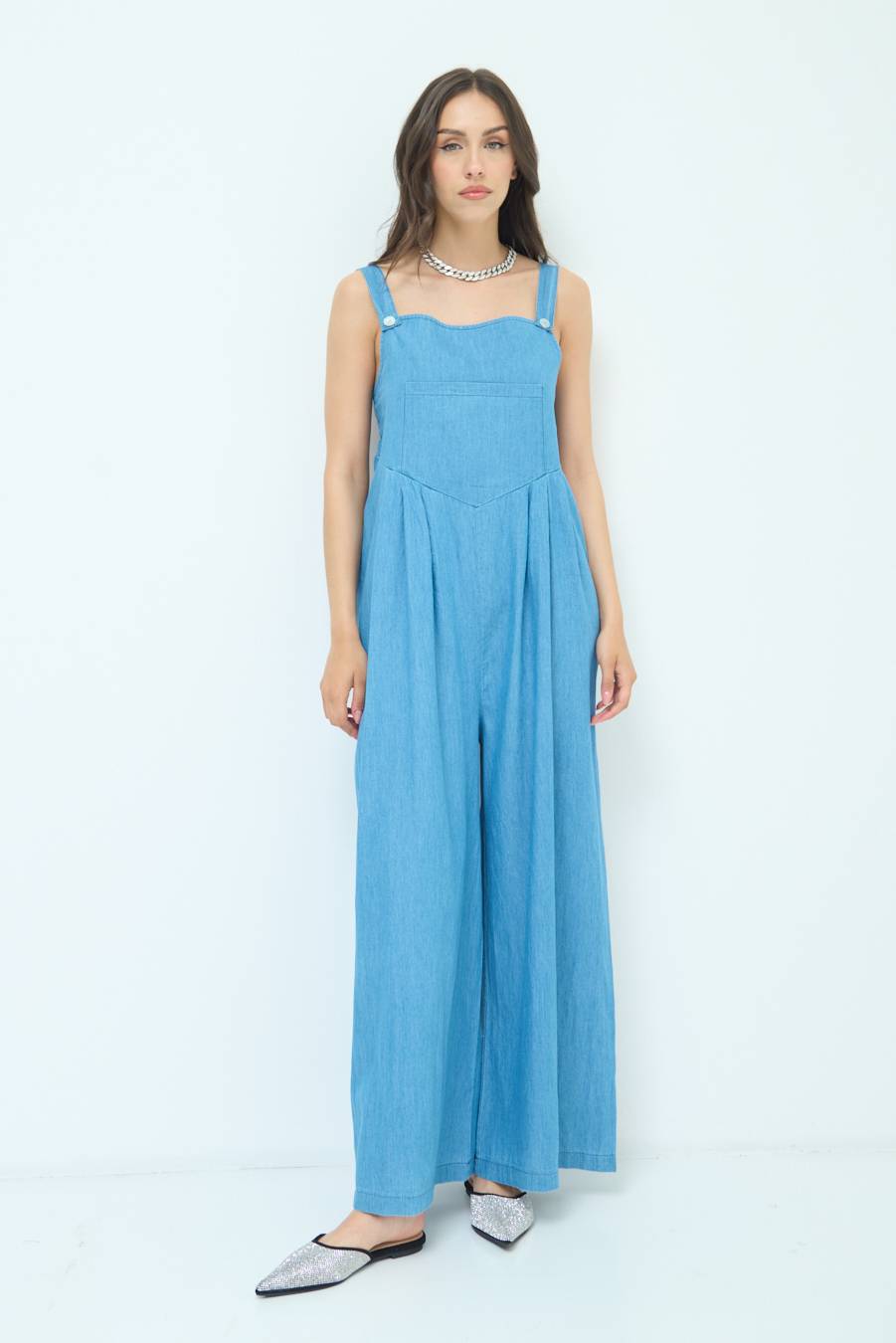 Kikisix SALOPETTE TASCA DAVANTI CHAMBRAY BLU MEDIO Offerta Pasqua