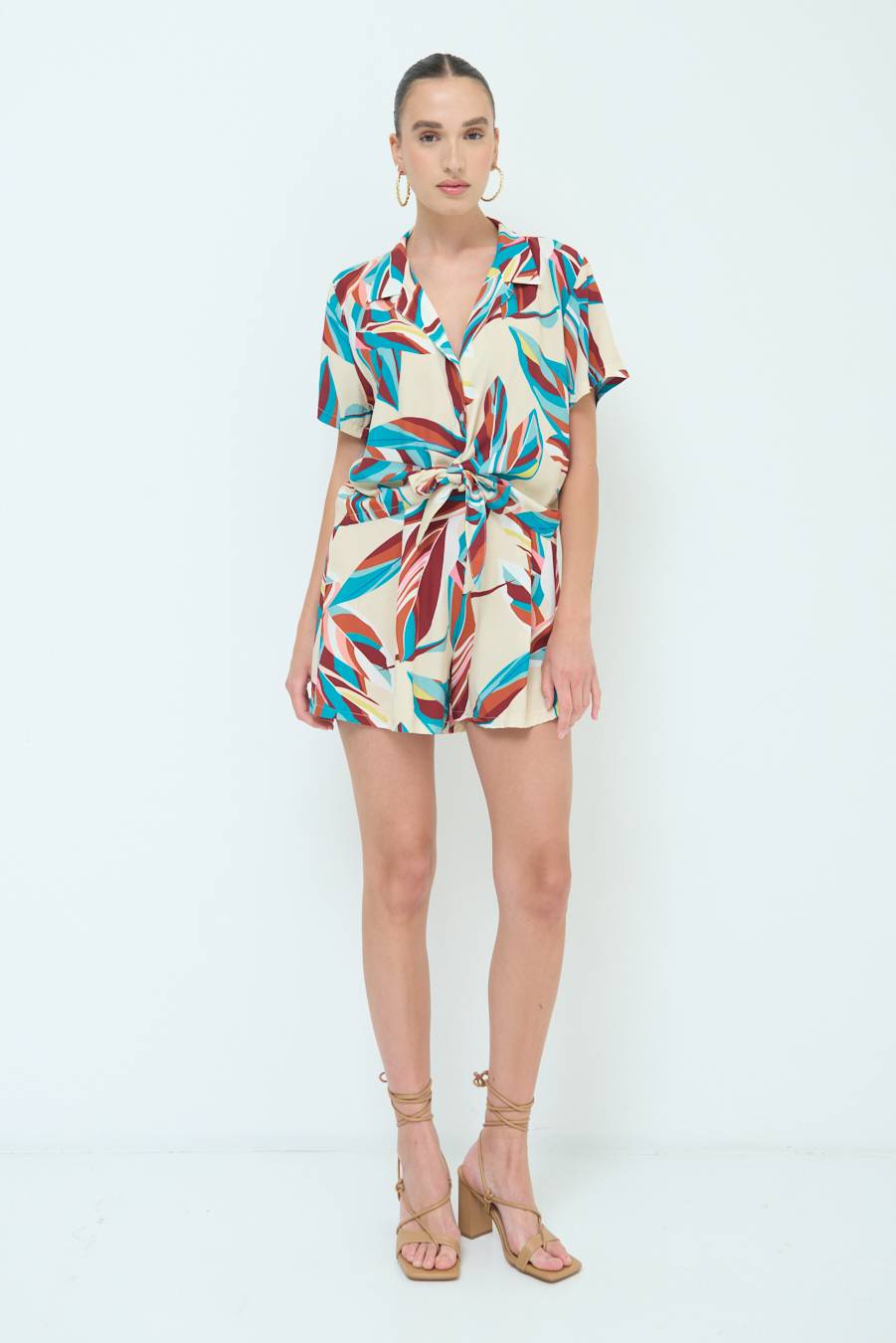 Kikisix CAMICIA ANNODATA STAMPATA A FOGLIE COLORATE ACQUA Consegna Veloce