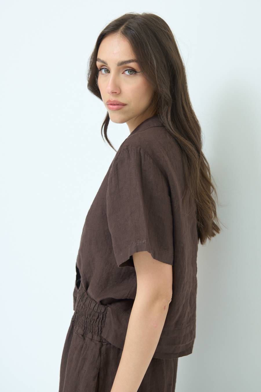 Kikisix CAMICIA LINO MEZZA MANICA CIOCCOLATO Promozione Limitata
