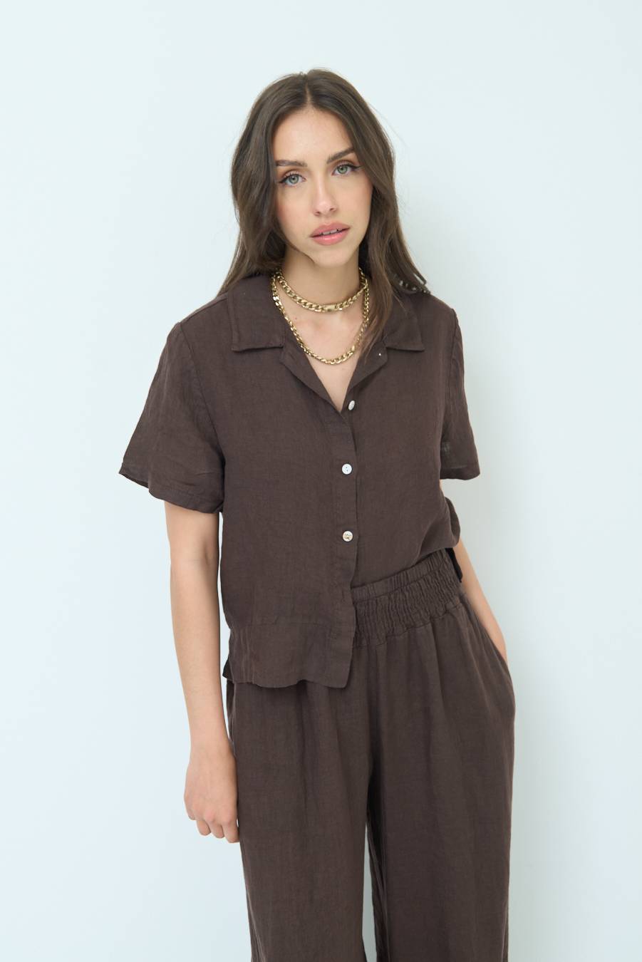 Kikisix CAMICIA LINO MEZZA MANICA CIOCCOLATO Promozione Limitata