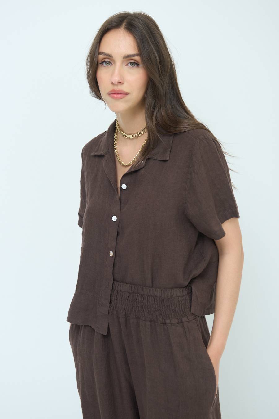 Kikisix CAMICIA LINO MEZZA MANICA CIOCCOLATO Promozione Limitata