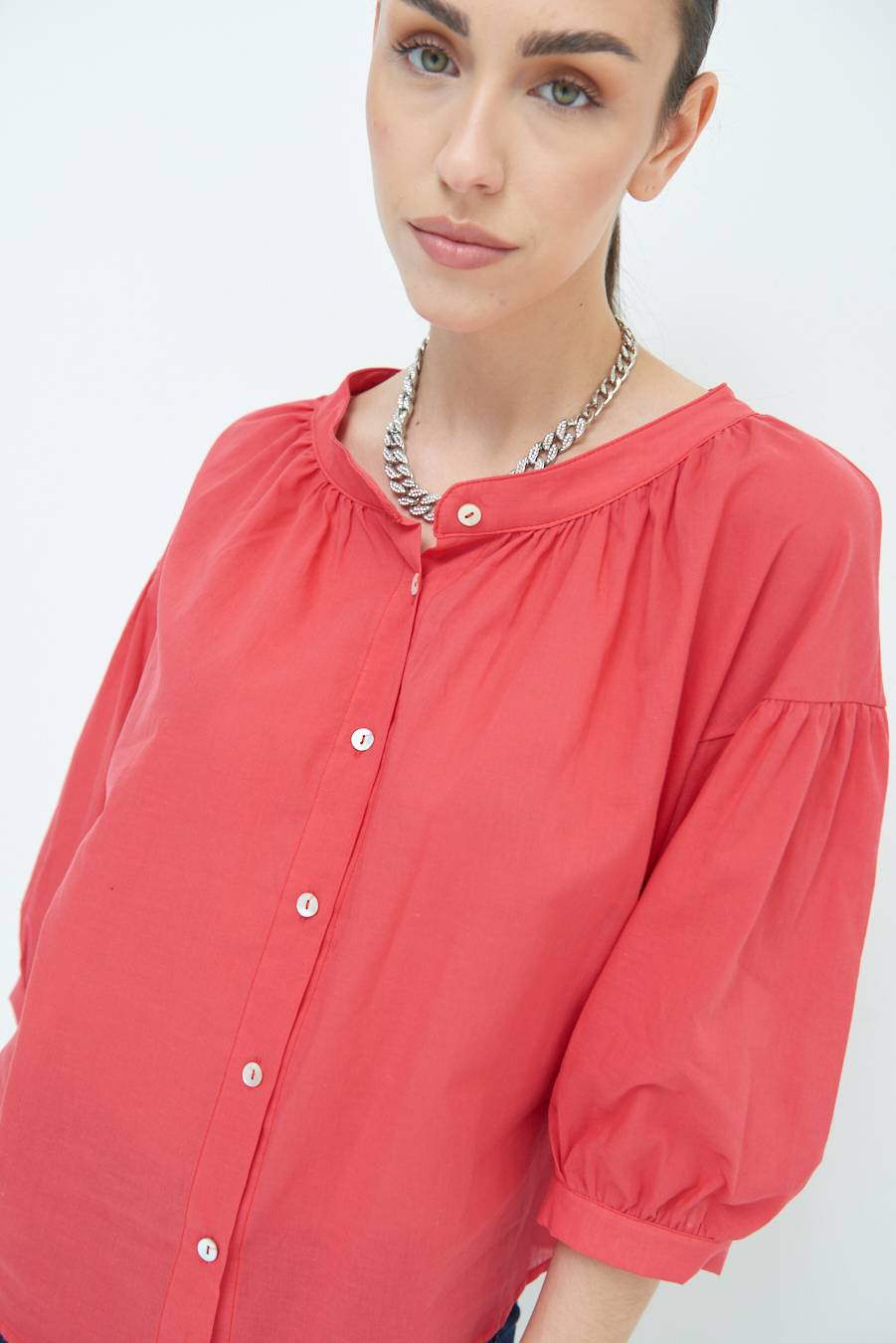 Kikisix CAMICIA SCOLLO INCRESPATO COTONE ROSSO Sconto