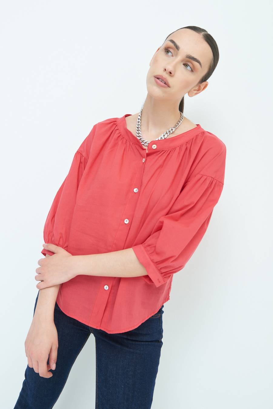 Kikisix CAMICIA SCOLLO INCRESPATO COTONE ROSSO Sconto
