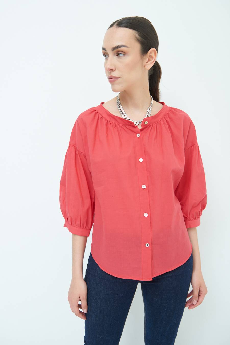 Kikisix CAMICIA SCOLLO INCRESPATO COTONE ROSSO Sconto