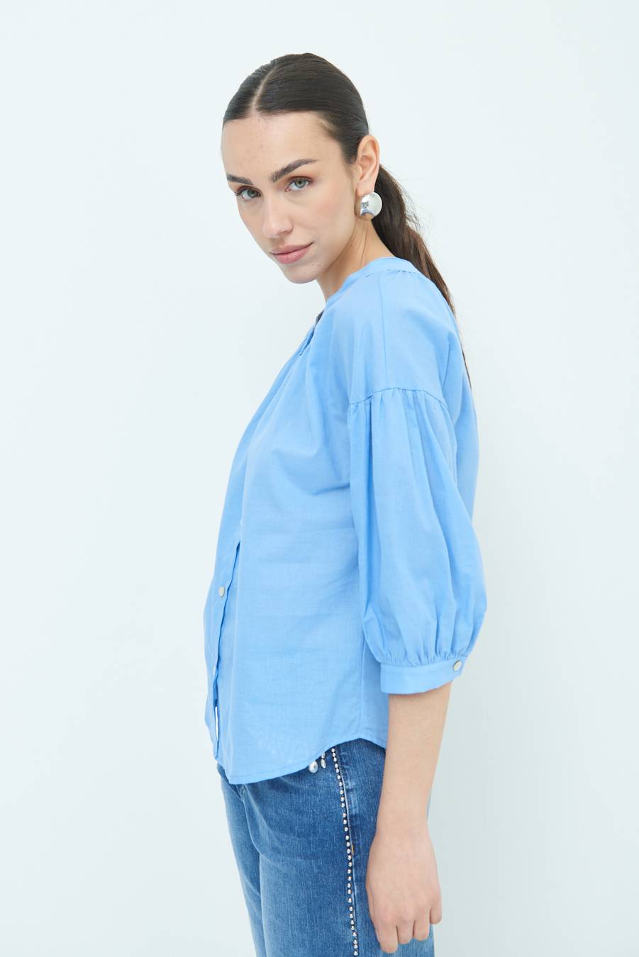 Kikisix CAMICIA SCOLLO INCRESPATO COTONE CELESTE Economico