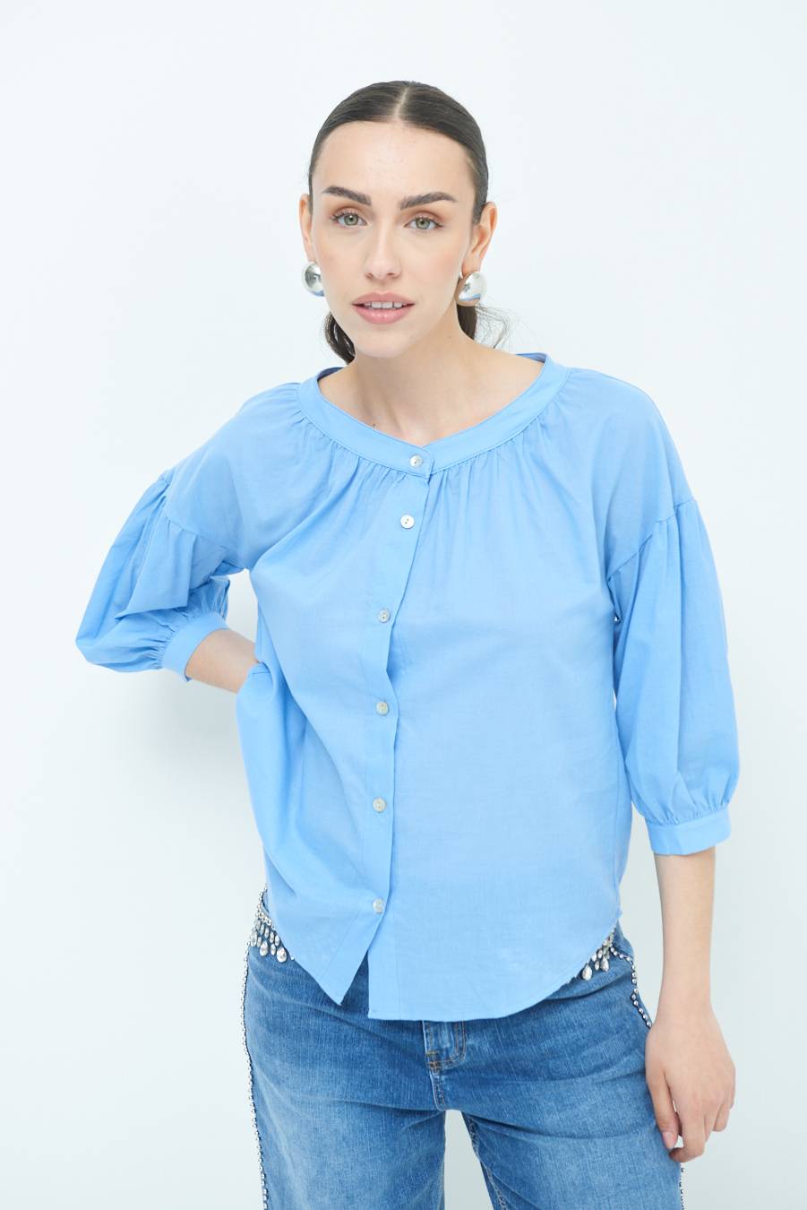 Kikisix CAMICIA SCOLLO INCRESPATO COTONE CELESTE Economico