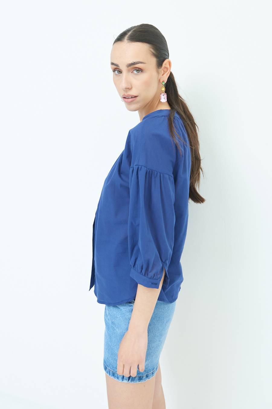 Kikisix CAMICIA SCOLLO INCRESPATO COTONE BLU Online