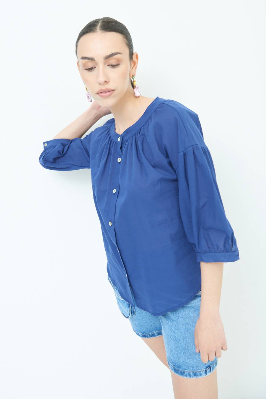 Kikisix CAMICIA SCOLLO INCRESPATO COTONE BLU Online
