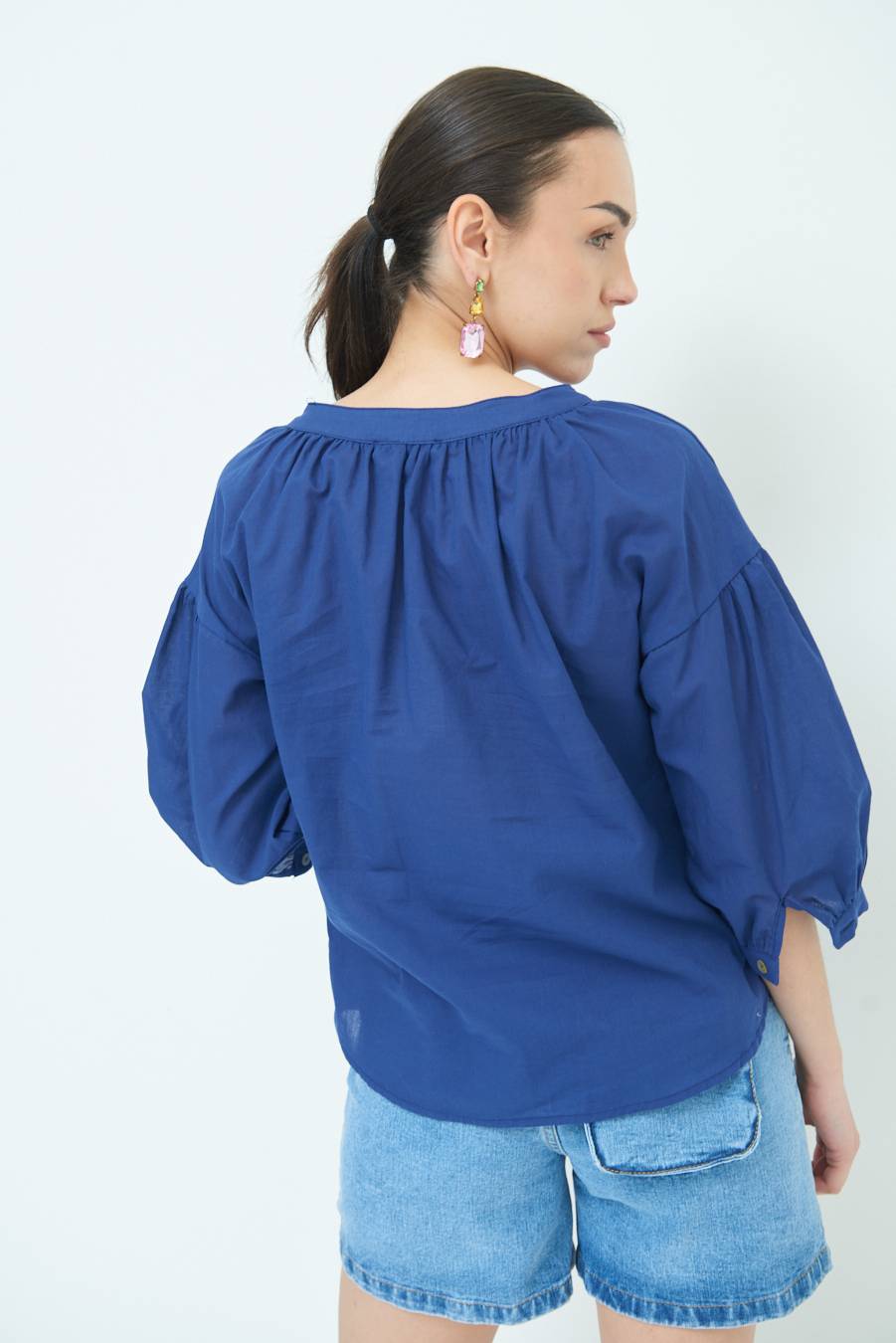 Kikisix CAMICIA SCOLLO INCRESPATO COTONE BLU Online