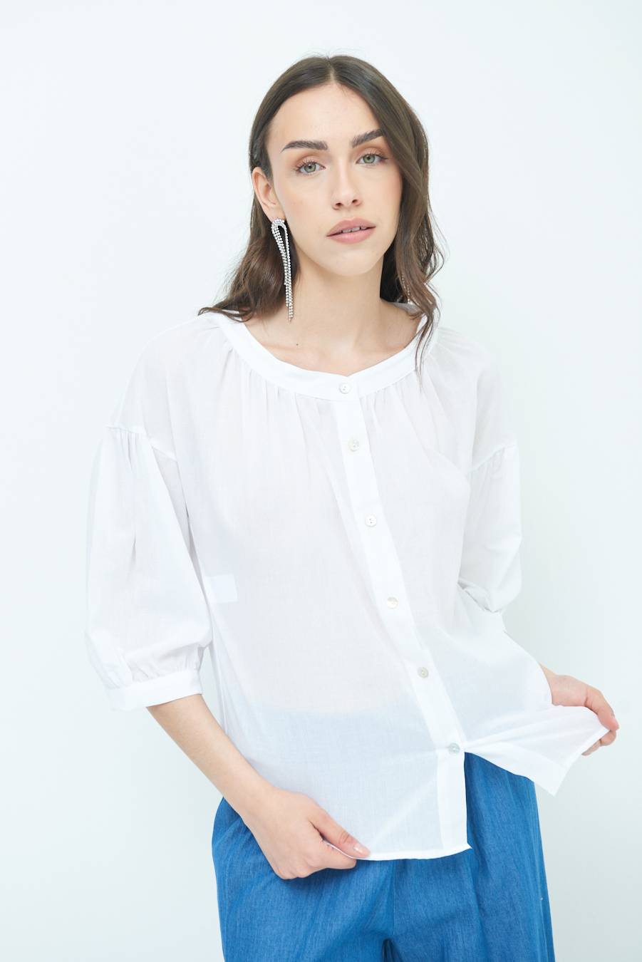 Kikisix CAMICIA SCOLLO INCRESPATO COTONE BIANCO Outlet