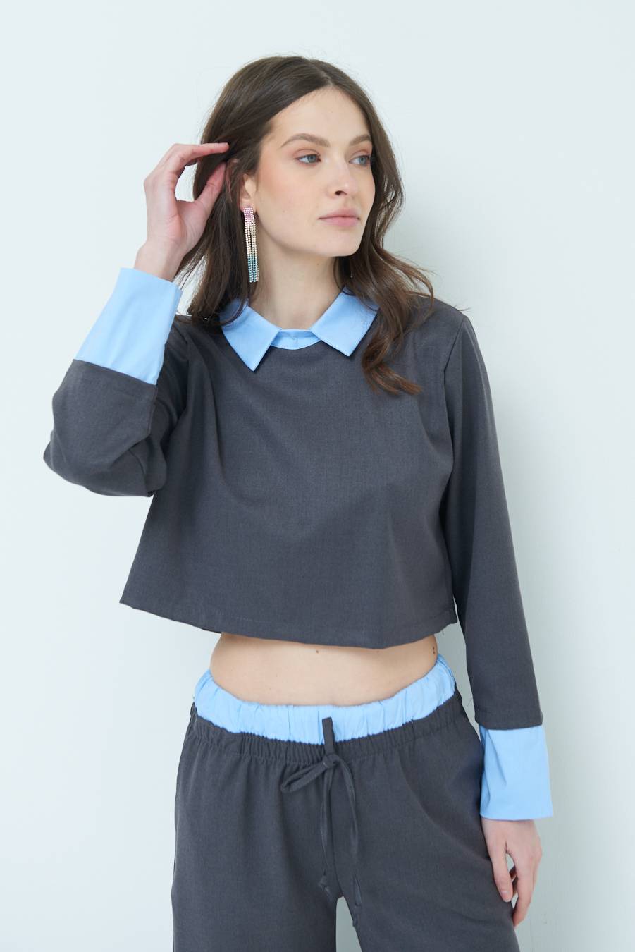 Kikisix CASACCA FINTA CAMICIA CELESTE/GRIGIO Nuovi prodotti