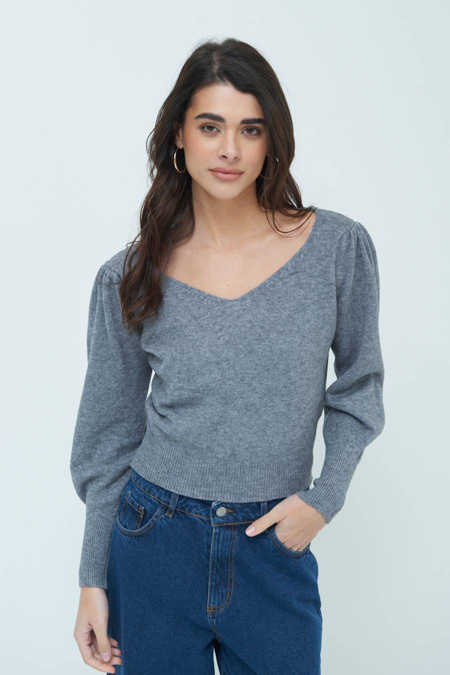 Kikisix MAGLIA SCOLLO V CON MANICA INCRESPATA GRIGIO 2025