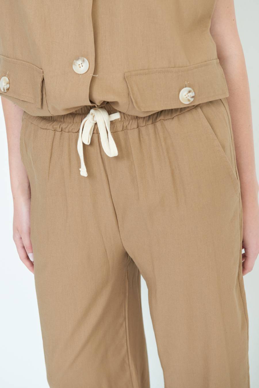 Kikisix PANTA PALAZZO CON ELASTICO VISCOSA LINO TABACCO Nuovo