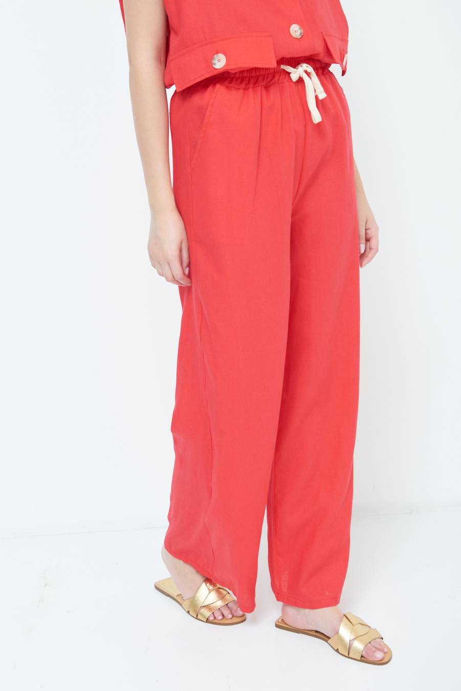 Kikisix PANTA PALAZZO CON ELASTICO VISCOSA LINO ROSSO Qualità