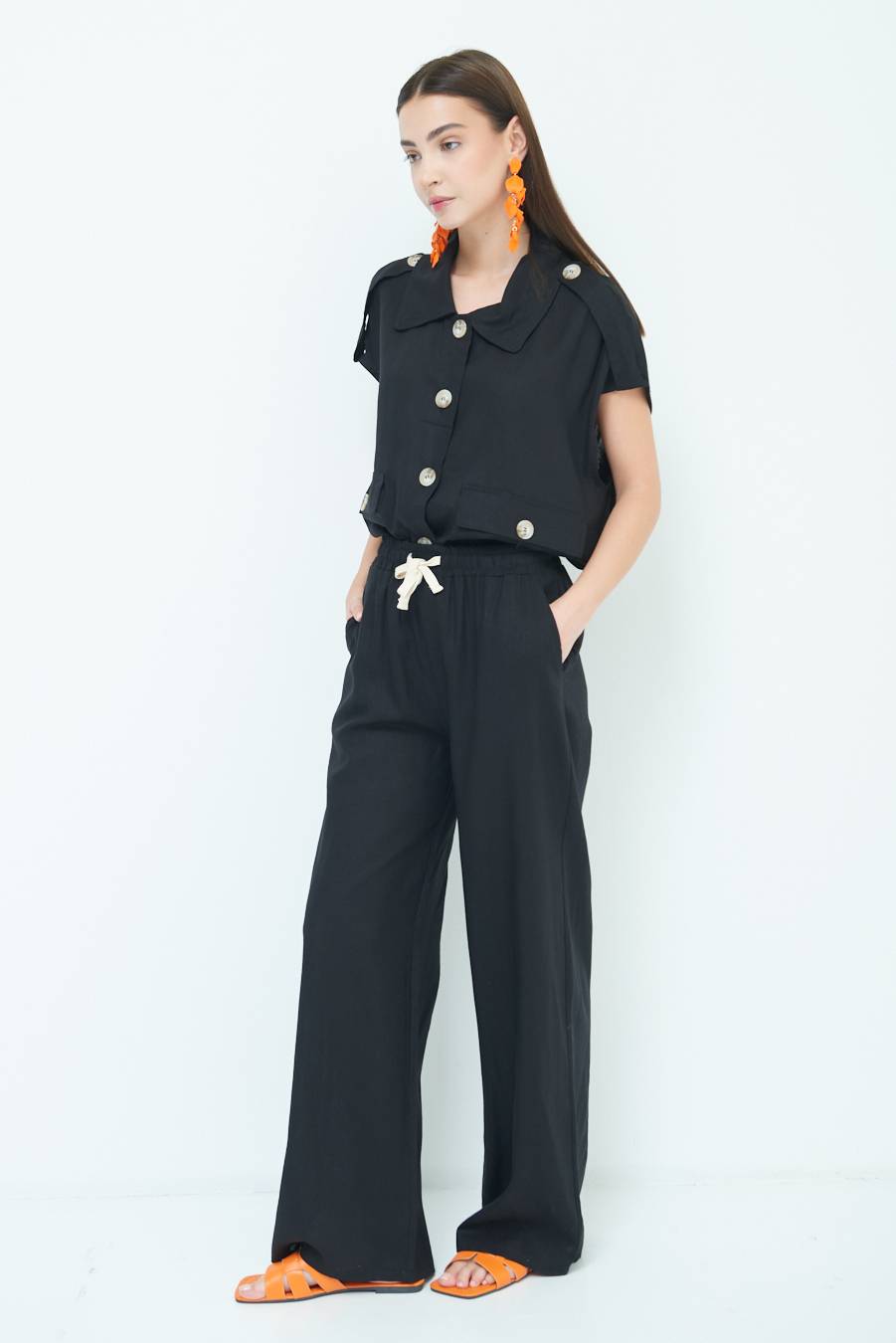 Kikisix PANTA PALAZZO CON ELASTICO VISCOSA LINO NERO Promozione