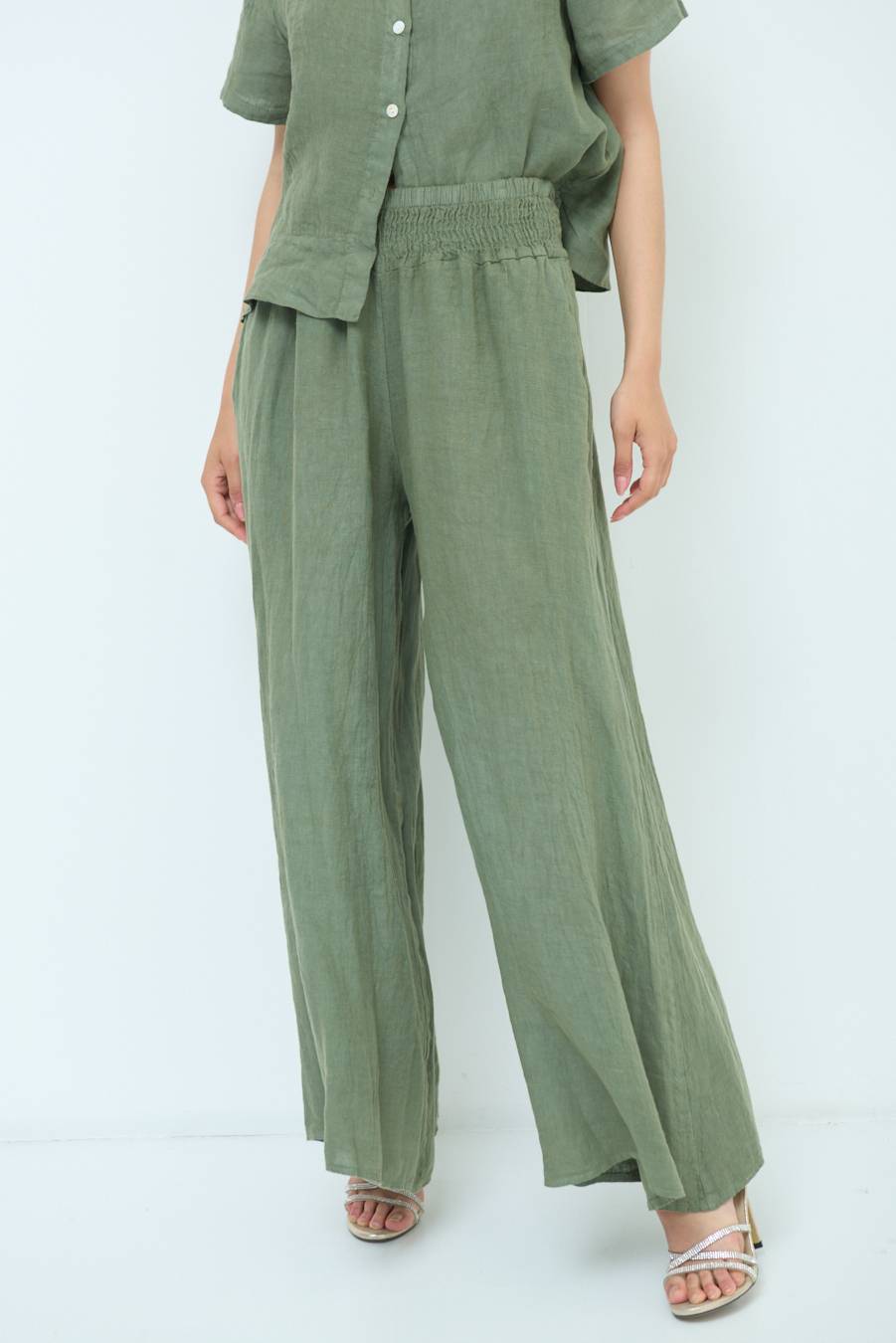 Kikisix PANTA PALAZZO LINO CON ELASTICI VERDE MILITARE Negozi Online