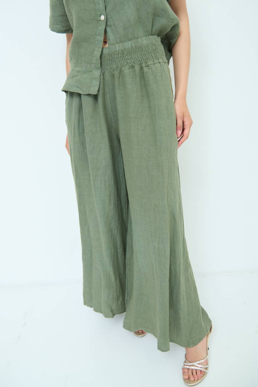 Kikisix PANTA PALAZZO LINO CON ELASTICI VERDE MILITARE Negozi Online
