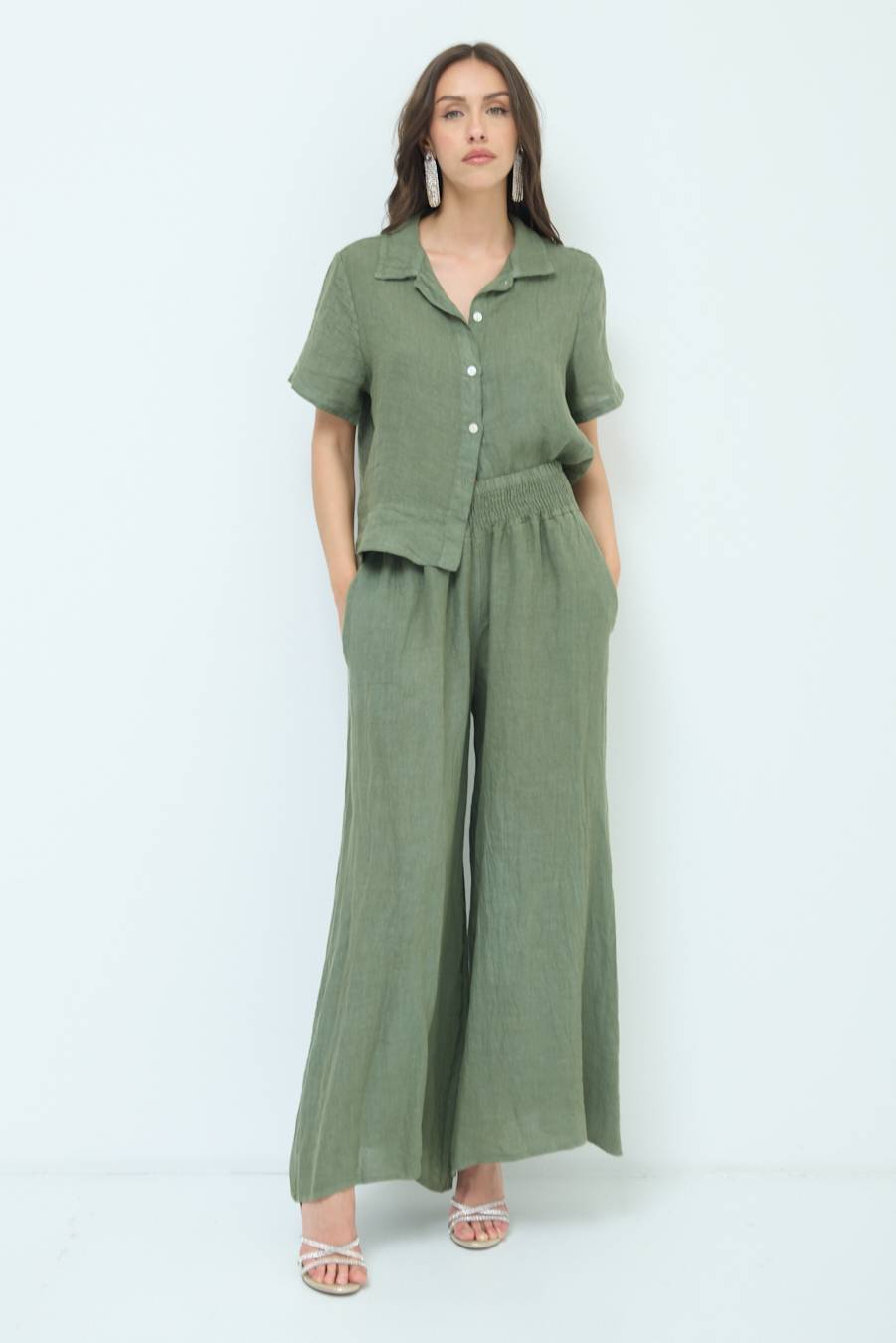 Kikisix PANTA PALAZZO LINO CON ELASTICI VERDE MILITARE Negozi Online