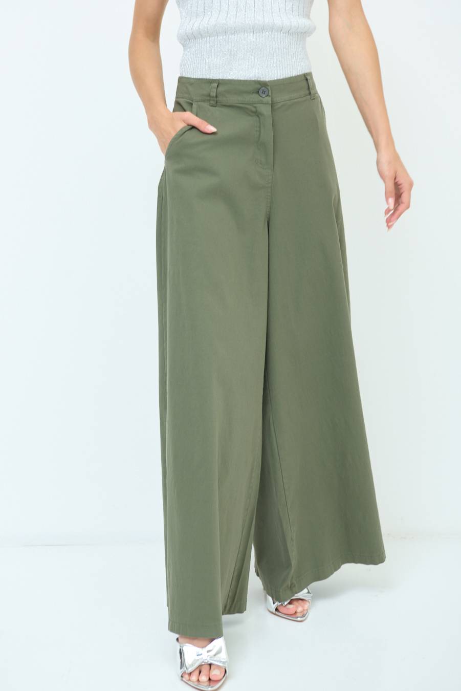 Kikisix PANTALONE PALAZZO COTONE VERDE MILITARE Fino Al -60%